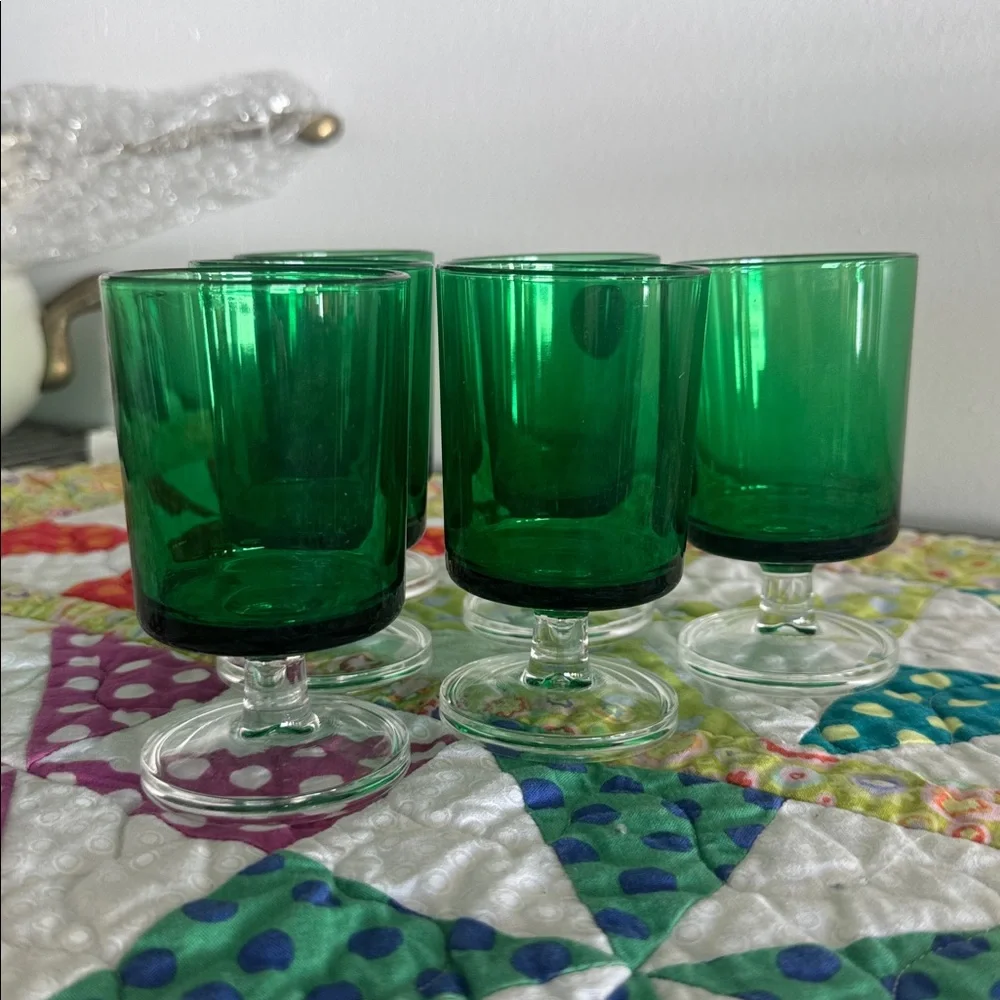 Vintage 1970s Luminarc Cavalier Green Footed Sherry Glasses, Set of 6, France